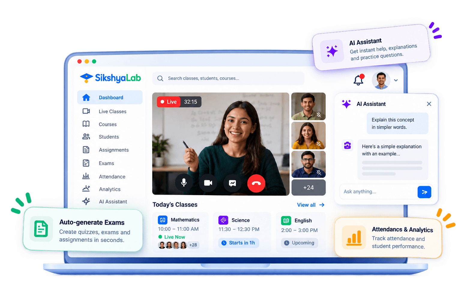 The SikshyaLab dashboard: a live class, AI assistant, and today's classes at a glance